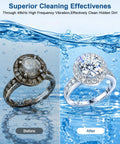 Top Shelf Professional 48KHz Ultrasonic Jewelry Cleaner Heavy Duty, before and after cleaning rings in water.