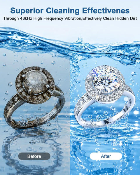 Top Shelf Professional 48KHz Ultrasonic Jewelry Cleaner Heavy Duty, before and after cleaning rings in water.
