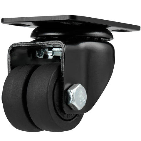 Heavy Duty Swivel Caster Wheels Set Of Four, 1.5 Inch Double Nylon Rollers Built Like A Tank For Beds And Workbenches, Smooth As Butter Gliding Plate Casters Holding 2200 Lbs, Rock Solid Black Kit close-up of single black nylon caster wheel.