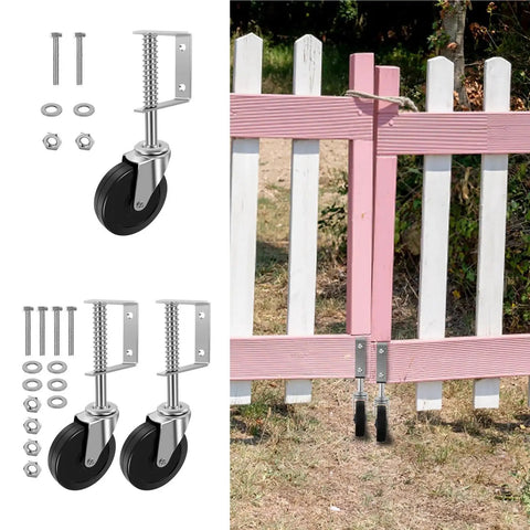 Rock Solid 4 Inch Rotating Gate Roller With Spring Loaded Adjustable Support Caster For Wood Or Metal Gates shown with mounting hardware.