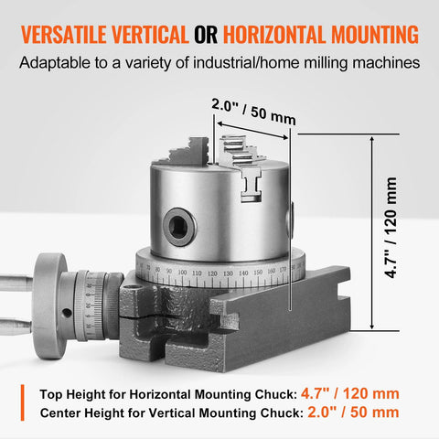 Front view of VEVOR rotary table for milling machines, 4''/100 mm with 3-jaw chuck for horizontal or vertical mounting.