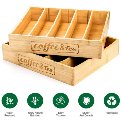 Two Pack K Cup Drawer Organizer Tray Made From Natural Bamboo With Adjustable Dividers To Separate Coffee Pods