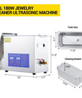 6.5 Liter Commercial Ultrasonic Cleaner With 40khz Kick And Built In Heater Hella Effective At Jewelry Watches Lab Parts Stainless Steel Tank Digital Timer Controls, featuring dimensions and cleaning basket.