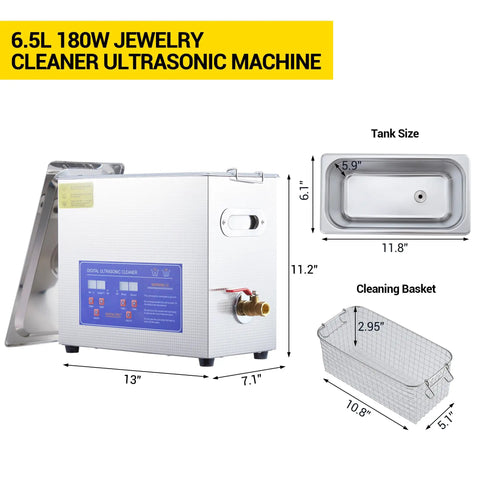 6.5 Liter Commercial Ultrasonic Cleaner With 40khz Kick And Built In Heater Hella Effective At Jewelry Watches Lab Parts Stainless Steel Tank Digital Timer Controls, featuring dimensions and cleaning basket.