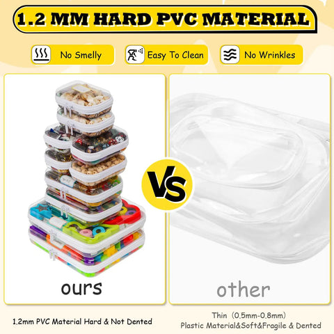 Comparison of 1.2 mm hard PVC material container vs thinner option, showing stackable storage with food and toys inside.