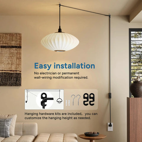 Top Notch Black Pendant Light Cord 10 FT With E26 E27 Bulb Socket And Right Angle Plug with installation guide and hanging hardware.