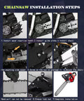 Chainsaw installation guide showing steps for 58Cc Gas Chainsaw With Quick Switch Dual Bars 18 And 20 Inch For Firewood Chopping.