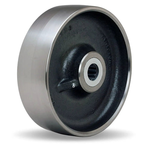 Hella Heavy Duty 10 Inch Forged Steel Caster Wheel With 1 Inch Straight Roller Bearing Rock Solid 6000 Lbs Capacity Built Tough For Industrial Gear And No Sweat Rolling side view of steel wheel with roller bearing