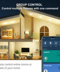 Smart Recessed LED Can Lights 5/6 Inch Retrofit Kit in modern home interior with Alexa app control on smartphone screen