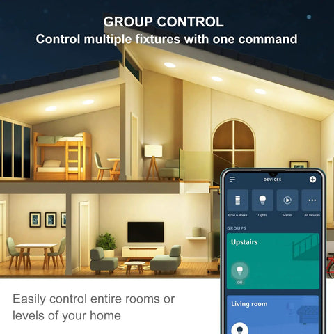 Smart Recessed LED Can Lights 5/6 Inch Retrofit Kit in modern home interior with Alexa app control on smartphone screen