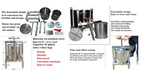 Heavy Duty Manual Honey Press Built With Thick 304 Stainless Steel For Serious Durability with detachable design and accessories.