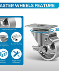 Industrial Casters Set Of 4 With 3 Inch By 1.25 Inch Cast Iron Wheel And Steel Frame, Heavy Duty Brakes, Up To 1400 Lb Capacity