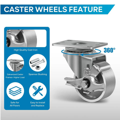 Industrial Casters Set Of 4 With 3 Inch By 1.25 Inch Cast Iron Wheel And Steel Frame, Heavy Duty Brakes, Up To 1400 Lb Capacity
