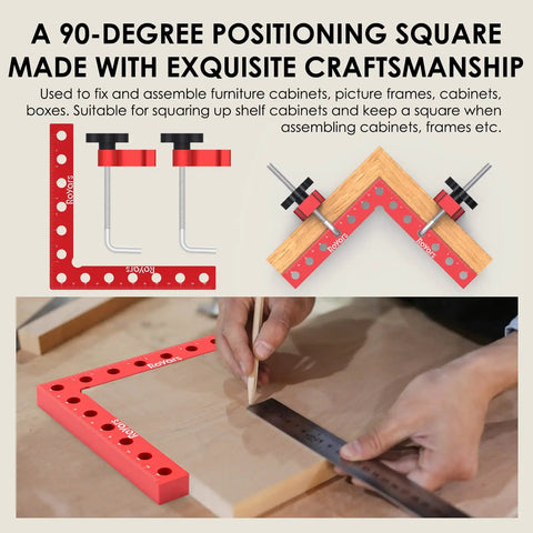 Two Pack 5.5 Inch 90 Degree Positioning Squares Right Angle Clamps for woodworking shown clamping wooden frame