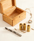Hidden Brass Barrel Hinges Set With Drill Bit For Wooden Boxes shown with open wooden box and necklace on a white background