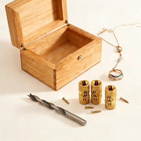 Hidden Brass Barrel Hinges Set With Drill Bit For Wooden Boxes shown with open wooden box and necklace on a white background