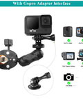 Double Clamp Camera Mount With 360 Degree Arm And 180 Degree Tilt attached to a wooden pole with a GoPro adapter interface.