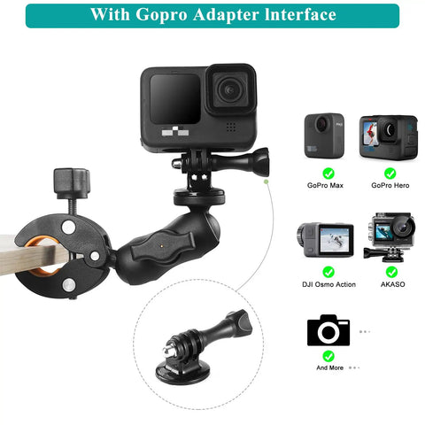 Double Clamp Camera Mount With 360 Degree Arm And 180 Degree Tilt attached to a wooden pole with a GoPro adapter interface.