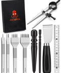 Leather Working Tools Kit With Cutting Knife Pro Grade Edge Burnisher 1 2 4 6 Stitching Punches Leather Compass Geometry Tool And Steel Ruler For Diy Leather Craft Projects