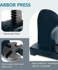 Heavy Duty Arbor Press For Garage Bench Punching Stamping Riveting And Sheet Metal Forming Cast Iron Frame showing reversible ram and steel anvil.