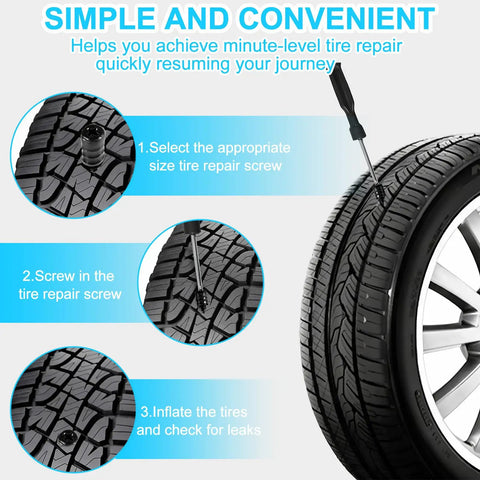 Process of using Self Service Emergency Tire Repair Kit With 60 Rubber Nail Plugs And Screwdriver, Tubeless Tire Plug Set.