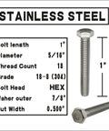 Stainless steel hex bolt kit with specifications for length, diameter, and thread count shown next to the bolts in image.