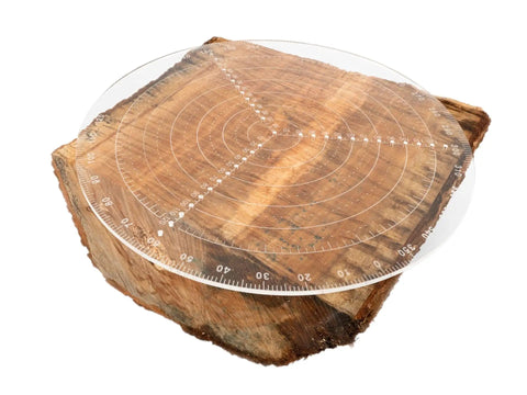 Clear Acrylic Center Finder Gauge For Circles 11.8 Inch Diameter Lathe Centering Tool on wood block for precise marking.