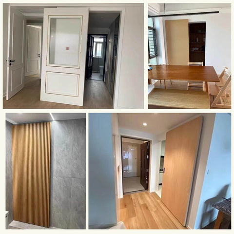 Ghost Door Sliding Track Kit With Concealed Trackless Barn System For Interiors, showing installed doors, wood and glass finishes.