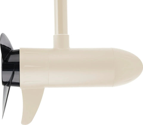Chill On The Water With This Built Tough 45 Lb Peak Transom Mount Trolling Motor featuring black propeller and beige housing.