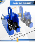 Close-up of blue Manually Operated Trolley 1 Ton Capacity Steel Push Beam Trolley for I-Beams, showcasing adjustable flange width.