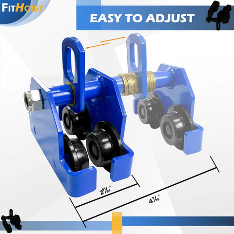 Close-up of blue Manually Operated Trolley 1 Ton Capacity Steel Push Beam Trolley for I-Beams, showcasing adjustable flange width.