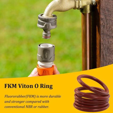 Viton O Ring Assortment Kit With 30 Sizes SAE FKM Seals depicted in a plumbing scenario showing a garden faucet connection.