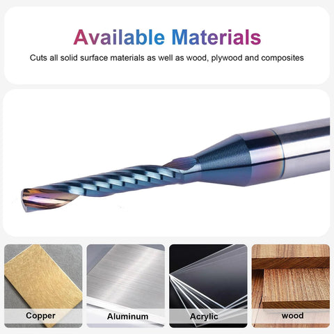 SpeTool carbide O-flute router bit, 1/8 in diameter, 1/4 in shank, coated; side view.
