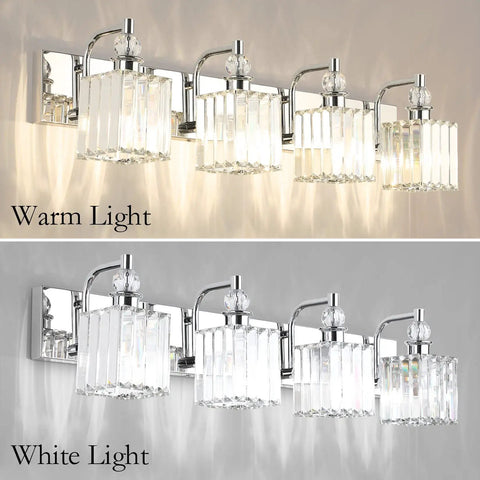 Modern Crystal Vanity Light For Bathroom 4 Light Chrome Wall Fixture Over Mirror 31.5 Inch showing warm and white light settings.