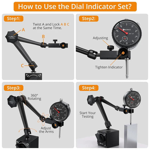 Pro Grade 0-1 Inch And 0.001 Inch Dial Indicator Kit With Magnetic Base And Case setup steps illustration