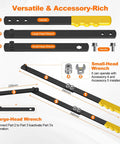 Diagram showing components and assembly steps of 11 Piece Universal Serpentine Belt Tool Kit With Sockets 15mm 16mm 18mm And Die Wrenches 13mm 14mm 15mm Tensioner Tool And Belt Removal Tool For Auto Repair Maintenance Pulley Release