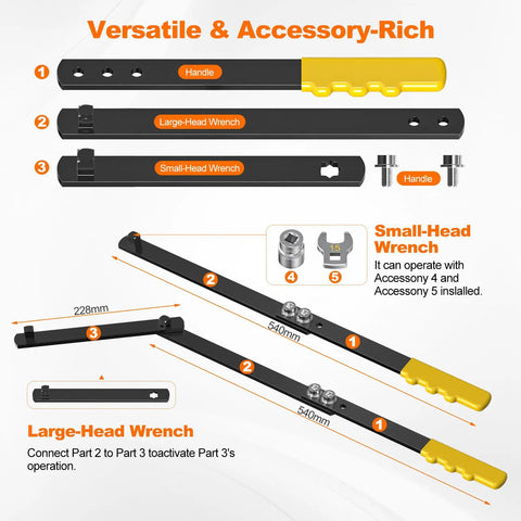 Diagram showing components and assembly steps of 11 Piece Universal Serpentine Belt Tool Kit With Sockets 15mm 16mm 18mm And Die Wrenches 13mm 14mm 15mm Tensioner Tool And Belt Removal Tool For Auto Repair Maintenance Pulley Release