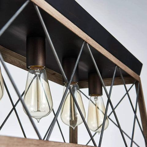 Close-up of 5 Light Wood And Metal Kitchen Island Pendant Chandelier With Rustic Farmhouse Industrial Vibe, Oaky Painted Frame