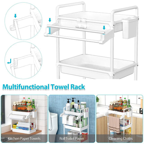 White Do It All Rolling Four Tier Storage Cart With Removable Towel Rack for Bathroom Kitchen Laundry Room Office on Wheels