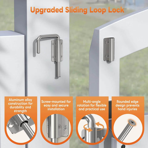 Upgraded Sliding Door Loop Lock With 90 And 180 Degree Adjustable Aluminum Alloy Gate Latch for barn doors in silver.