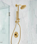 Brushed Gold Modern Shower Arm Flange With LifeShine Non Tarnish Finish, wall-mounted in a contemporary glass shower enclosure