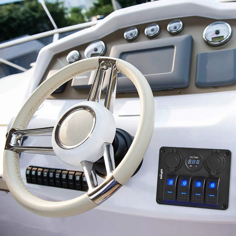 Boat dashboard with Four Gang Rocker Switch Panel Waterproof Aluminum Pre Wired With Plug And Play Dual USB Ports And Cigarette Lighter Socket Voltmeter 12V 24V DC ON OFF Switch Panel For Cars RVs Trucks Easy DIY Power Control