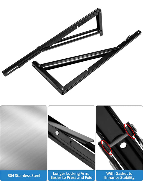 Heavy Duty 24 Inch Folding Shelf Brackets Two Pack Wall Mounted Table Lifts with black iron hardware and locking arm for stability.