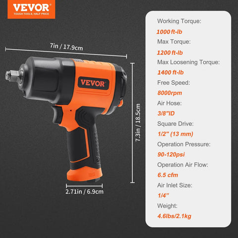 Half Inch Air Impact Wrench With 1400 Ft-Lbs Torque, Ultra Lightweight 4.6 Lbs, Twin Hammer Beast Power, side view