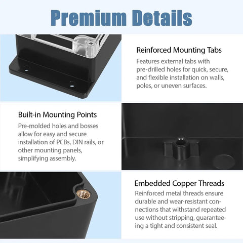 IP65 Waterproof ABS Junction Box With Clear Cover Enclosure For Indoor And Outdoor Use Rugged Black Project Box With External Mounting Ears Tough As Nails Weather Ready 3.9 By 2.6 By 1.9 Inches, black ABS box with clear lid and mounting tabs