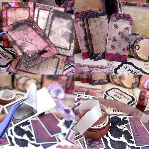All In One Vintage Junk Journal Kit With 185 Pieces Scrapbook Paper Pack A6 featuring tags, papers, and crafting tools in a collage.