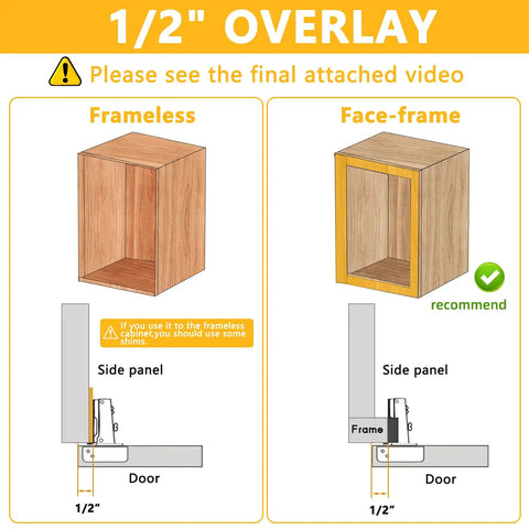 Diagram of 1/2" overlay installation for frameless and face-frame cabinets, featuring soft close cabinet door hinges.