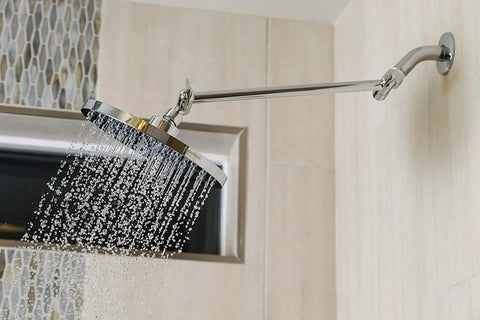 Adjustable Brass Shower Arm Extension With Chrome Finish For Standard Showers 11 Inch Plus Height And Angle Control Rain Shower Head