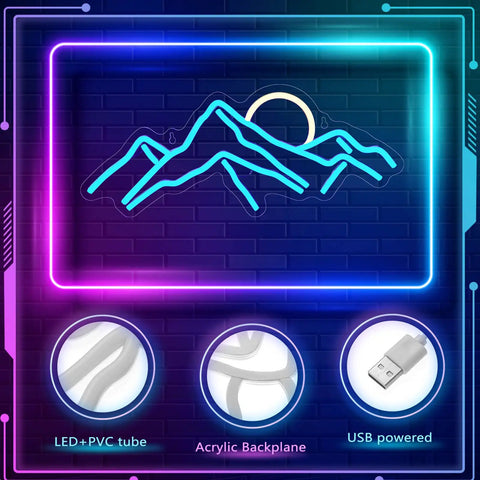 Sunrise Mountain Neon Light Sign USB Powered LED Wall Decor With Moon And Peaks for Bedroom Living Room Cafe Bar Hotel Gift Idea Neon Lamp Ambient Glow Dope Vibe with LED+PVC tube, acrylic backplane, and USB cable.