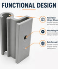 Heavy Duty Vertical Shed Door Hinges 2 Pack Replacement For Resin Storage Sheds gray metal hinge with rounded channel and mounting hole.